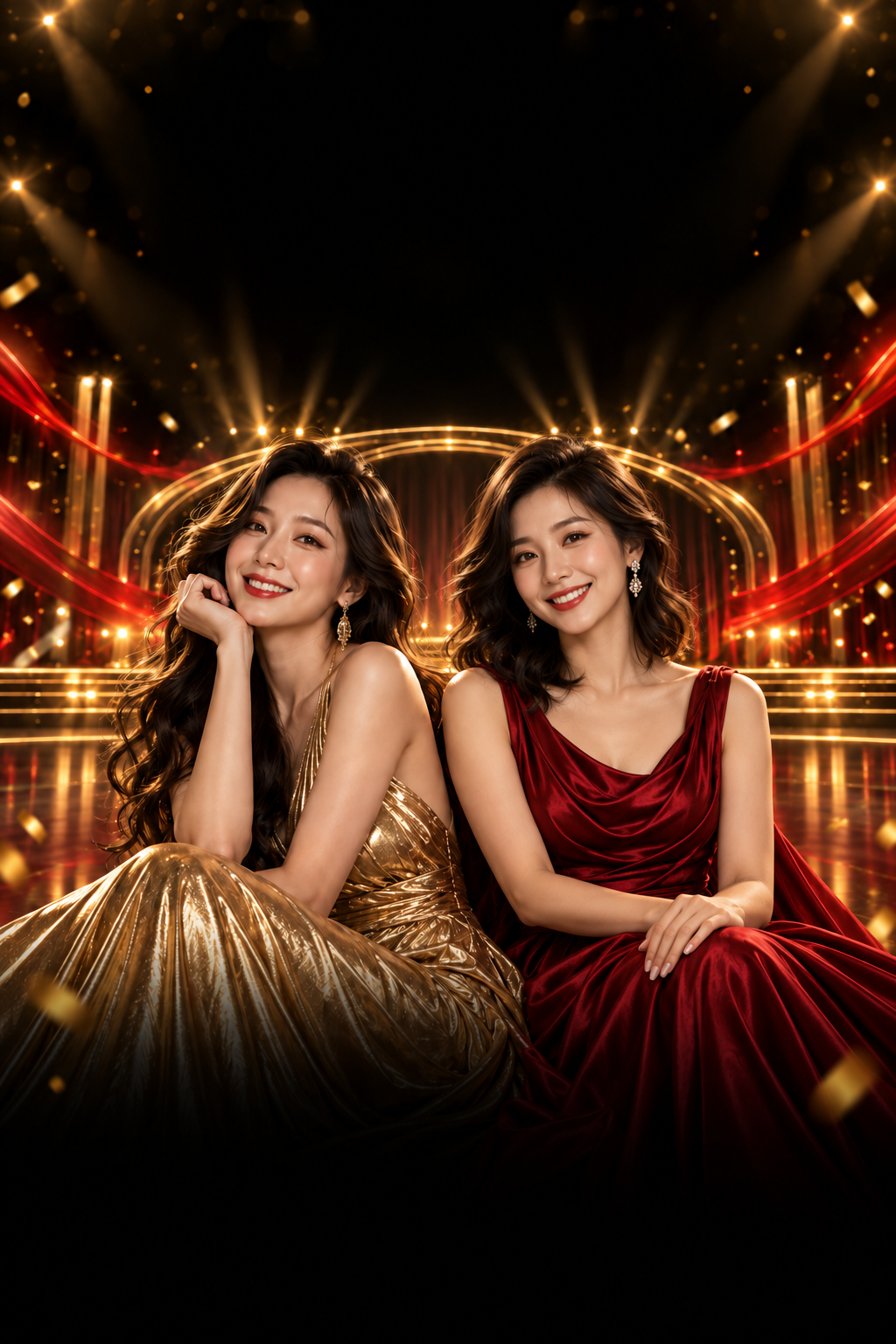 Two women in gold and crimson evening dresses seated together on a luminous black-and-gold stage.